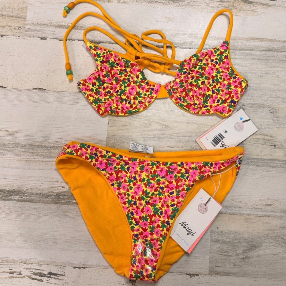 Maaji Reversible Bikini Set Women Medium Yellow Floral NWT Underwire Lace-up - Picture 2 of 6